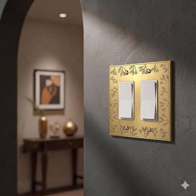 Rio Salto Floral Collection Brushed Brass Gold Double Rocker Light Switch Cover ??2-Gang Midsize - 2 Pack Metal Wall Plate 5" x 5" Heavy-Gauge Luxury Decorative Switch Plate
