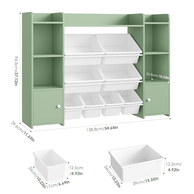 FOTOSOK Toy Storage Organizer with 8 Toy Bins, Toy Organizer Kids Bookshelf with 6 Storage Cubbies, Stuffed Animal Storage Organizer, Playroom Storage and Toy Chest, Green