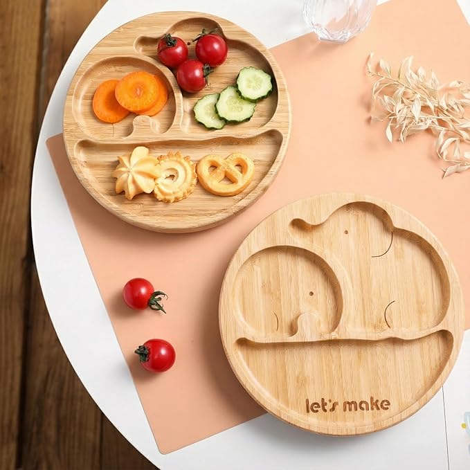 let's make Suction Plates for Baby & Toddler, Bamboo Divided Platter Feeding Dishes with Silicone Fork& Spoon, All-Natural Baby Food Plate Stays for Baby-Led Weaning, Non-Slip Design