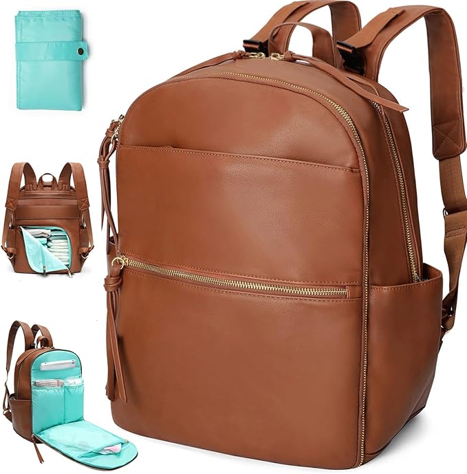MOMINSIDE Diaper Bag Backpack with 6 Insulated Pockets, Leather Diaper Bag, Large Baby Bag for Mom, Baby Registry, 18 Pockets, Changing Pad, Stroller Straps (Brown)