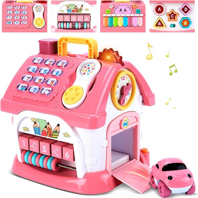Toddler Girl Toys for 1 Year Old, Montessori Toys for 1 Year Old Girl Birthday Gift, 8 In 1 Pink Baby Musical Learning House with Sound Light Music, Creative Gifts for Baby Toys 6-12 18 Months