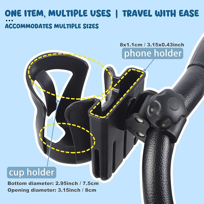 Universal Walker Cup Holder, 2-in-1 Bike Cup Holder, 360° Rotatable Caliber Designed Bottle Holder for Stroller, Wheelchair, Walker, Scooter, Uppababy Doona Graco Nuna Stroller Accessories