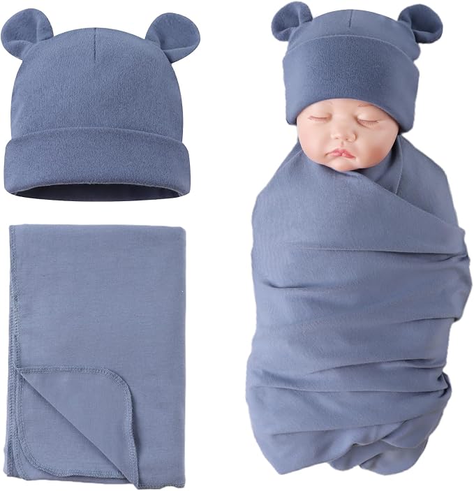 PESAAT Cotton Baby Swaddle Hat Set Newborn Infant Hats Receiving Blankets for Baby Boys Girls