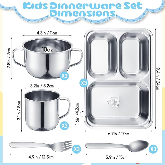 Tioncy 15 Pcs Stainless Steel Kids Dinnerware Set Stainless Steel Toddler Plates and Bowls Set Divided Plates Cups Bowls Forks and Spoons 3 Compartment Dinner Dish for Babies Toddlers and Kids