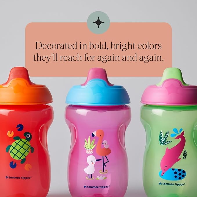 Tommee Tippee Sippee Cup, 9m+, 10oz, Pack of 3 Non-Spill Water Bottles for Toddlers, Red, Purple and Green, Bite-Resistant Spout, Easy to Hold, Leak-Proof and BPA Free