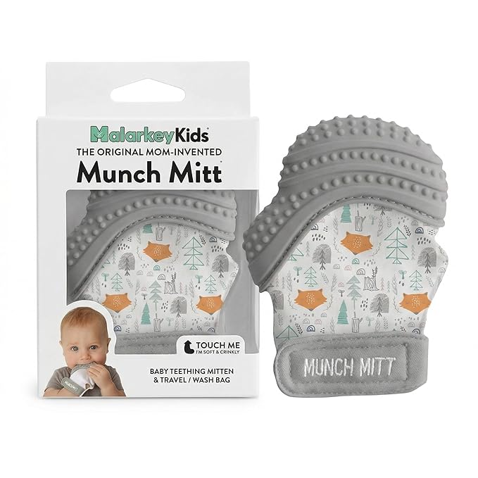 Munch Mitt Patented Teething Mitten Baby Chew Toy - Protects Hands from Chewing & Saliva, Heals Aching Gums, Promotes Sound & Visual Stimulation for Babies - Grey Fox