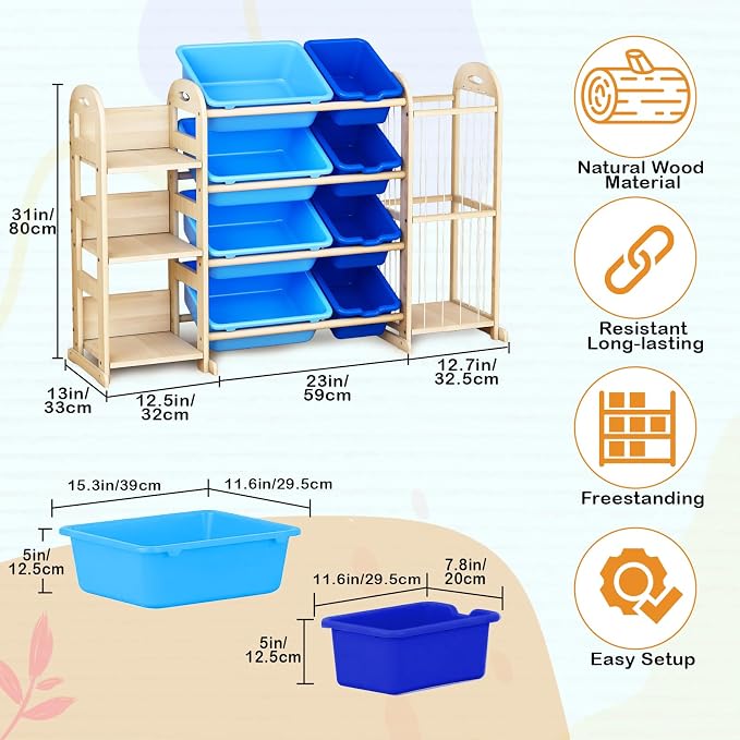 Toy Storage Organizer, Toy Organizers and Storage with Stuffed Animal Storage, Kids Toy Storage Shelf with 3 Shelves 8 Storage Bins, Kids Bookshelf, Toy Holder for Playrooms, Bedrooms, Blue
