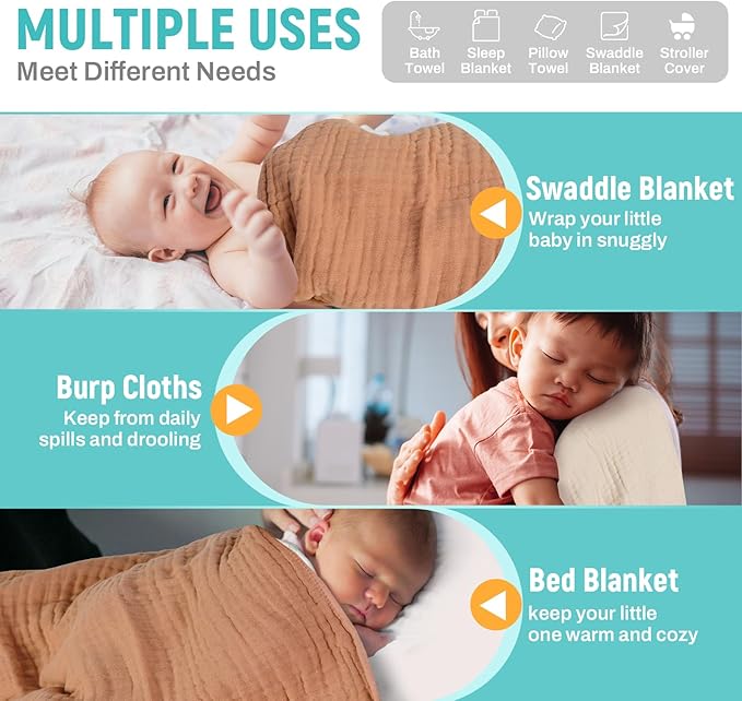 MIGIOL Hooded Baby Bath Towels 100% Muslin Cotton Baby Bath Towel for Infant, Toddler and Kids,Soft and Absorbent Newborn Essential，Large 32x32Inch 2 Pieces Coffee & Beige