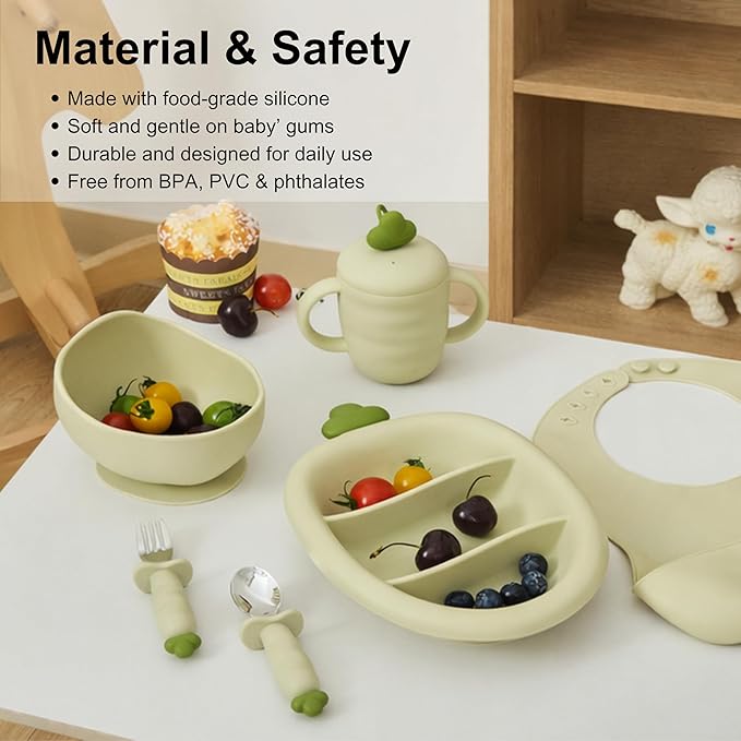 Silicone Baby Feeding Gift Set ??Suction Plate, Bowl, Training Cup, Fork, Spoon & Bib (6-Piece) (Matcha Green)