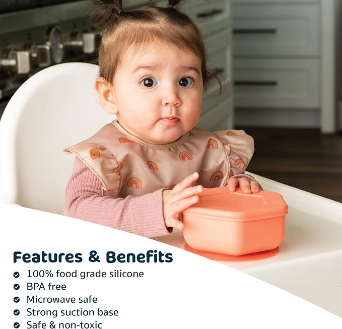 Tiny Twinkle Silicone Suction Bowl with Lid for Baby and Toddler - 100% Silicone - BPA Free - Microwave Safe - Suction Bowls For Baby, Snack Containers For Toddlers (Coral)