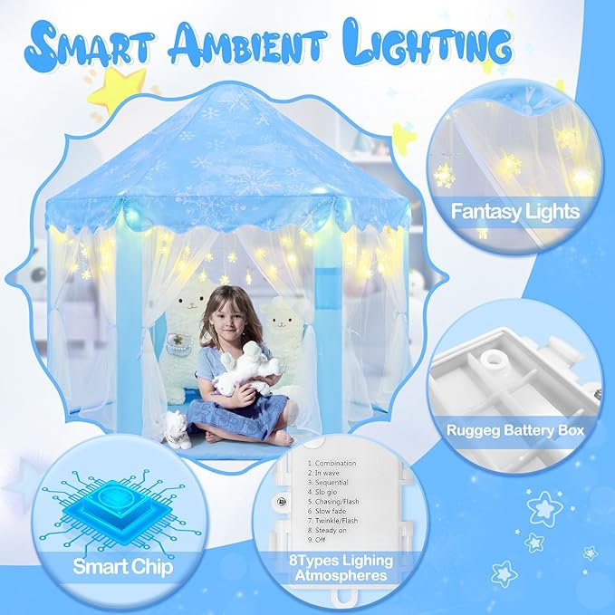 Frozen Tent for Girls Age 4-7, Princess with Snowflake Lights, Kids Play Tent for Girls Indoor, Princess Castle Playhouse for Toddlers, Blue Frozen Toy 55x53 inch