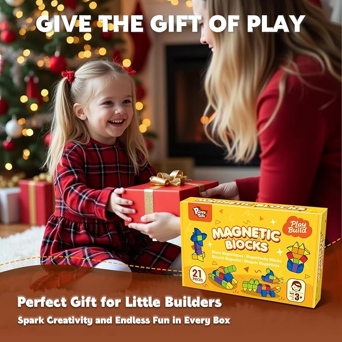Pairez Toys Magnetic Blocks with Multiple Shapes, 1.65 inch Large Magnetic Building Cubes for Kids, Sensory Montessori Stacking Toys for Boys & Girls Ages 3 4 5 6 (21pcs)