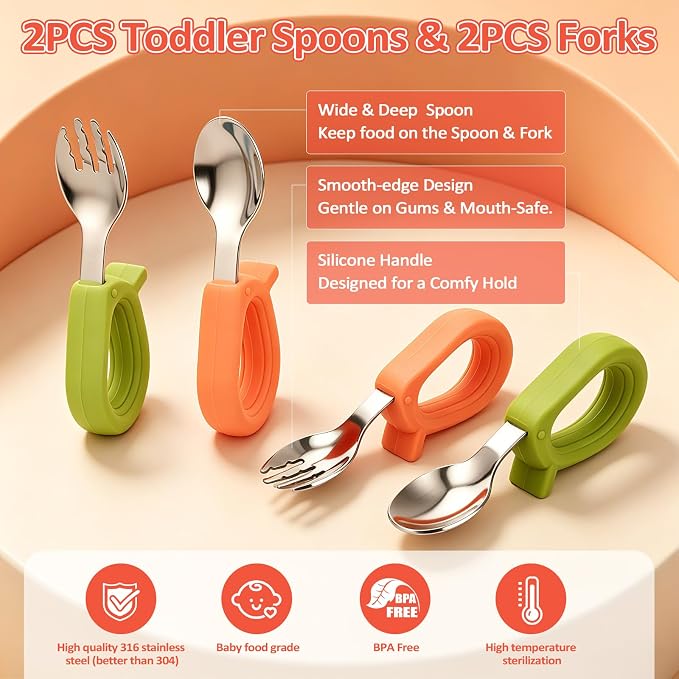 Toddler Utensils Set, 4PCS Stainless Steel Forks & Spoon with Silicone Handle, Self Feeding Training Baby Spoons, BPA-Free Anti-Choke, with 2 PCS Portable Travel Cases, Dishwasher Safe