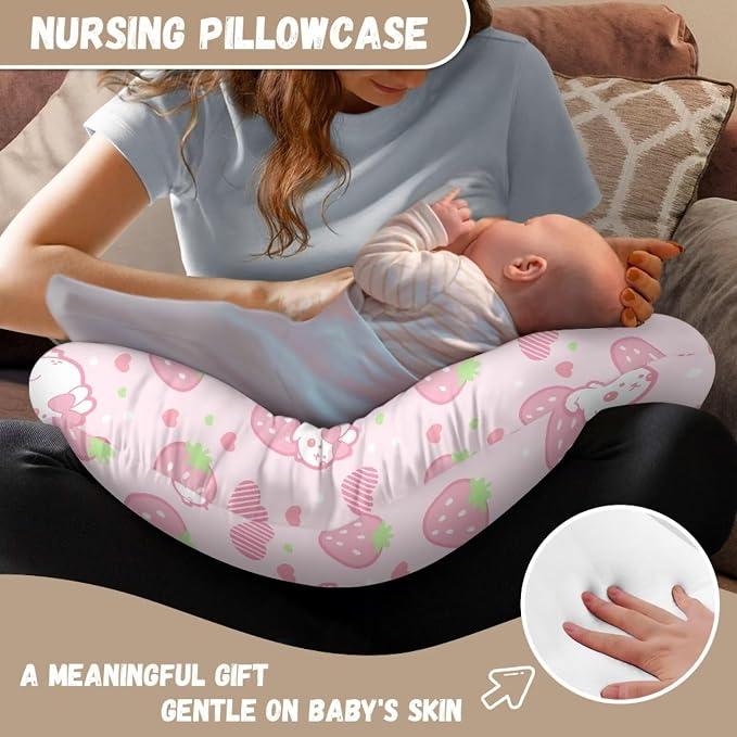 Strawberry Bunny Nursing Pillow Case for Newborn Support for Breastfeeding,Bottle Feeding & Bonding Feeding Pillow Cover Soft and Cozy Breastfeeding Pillow Slipcover Cover Only