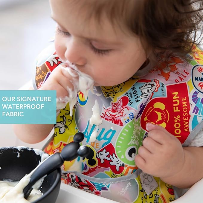Bumkins Disney Bibs for Girl or Boy, SuperBib Baby and Toddler for 6-24 Months, Essential Must Have for Eating, Feeding, Baby Led Weaning, Mess Saving Catch Food, Fabric, 2-pk 100 Happy Faces