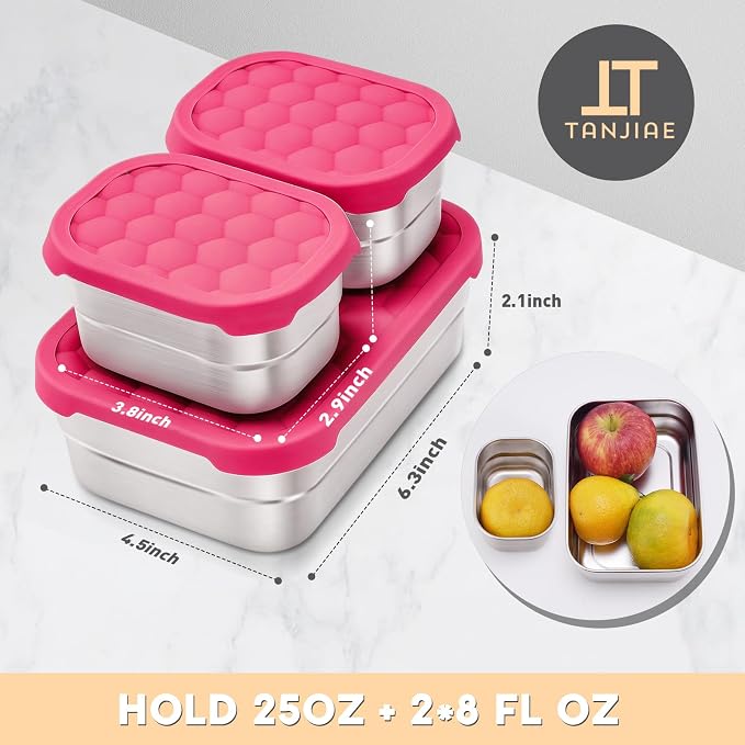 Tanjiae Stainless Steel Lunch Box for Kids | Leak Proof 304 Stainless Steel Snack Containers with Silicone Lids - Perfect Metal Food Containers Set for Kids and Toddlers (25oz+8oz*2)