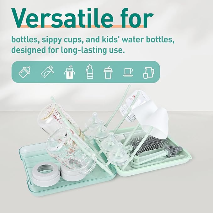 Baby Bottle Brush Set, 6-in-1 Travel Bottle Cleaning Kit with Silicone Bottle Brush, Nipple & Straw Brush, Soap Dispenser, Drying Rack, Storage Box ??Compact Travel Baby Essential for Home & On-The-Go