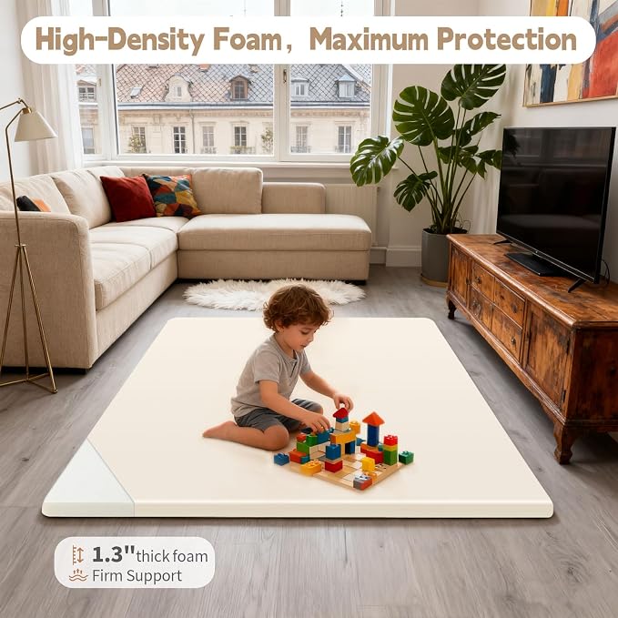 Baby Play Mat for Floor, 50"×50" Playpen Mat, 1.3" Thick Elasti-Foam, Non-Slip Crawling Mat for Tummy Time, Waterproof & Wipe-Clean Playmat for Toddler,Infant, Kids (Beige)