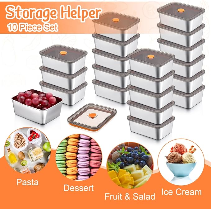 Layhit 10 Set Stainless Steel Food Containers with Lids Metal Marinating Snack Containers Box for Lunch, Leftovers, Dishwasher & Freezer Safe (18 oz)