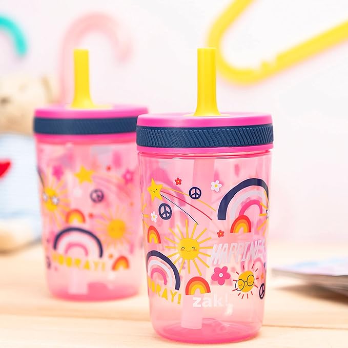 Zak Designs Kelso 15 oz Tumbler Set, (Starpower) Leak-Proof Screw-On Lid with Straw Made of Durable Plastic and Silicone, Perfect Cup Bundle for Kids (2pc Set)