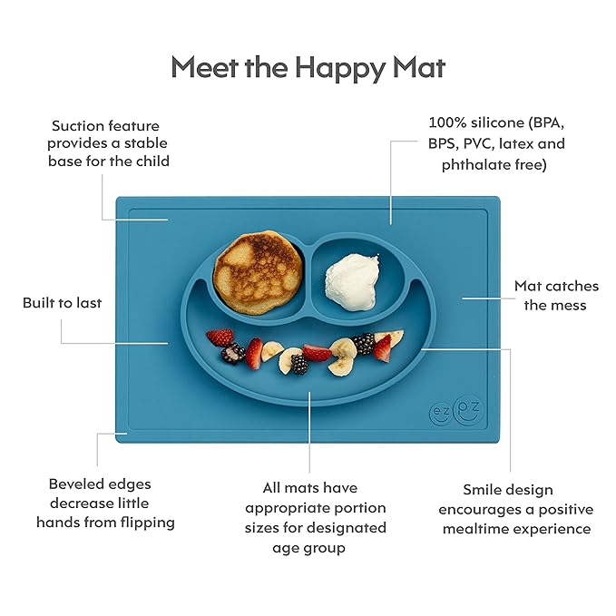 ezpz Happy Mat (Blue) - 24 Months+ - 100% Silicone Suction Placemat + Divided Plate with Three Compartments - Toddler + Preschool Essentials