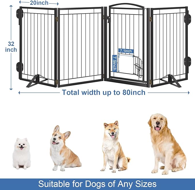Full Metal Freestanding Dog Gate with Cat Door for Indoor & Outdoor,32" Tall Foldable Dog Fence,80" Extra Wide Free Standing Pet Gate for Large Openings,Stairs,Deck,Yard,Doorways(4 Panels,Black)