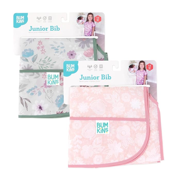 Bumkins - Junior Bib - For Boys & Girls, Toddlers & Kids 1-3 Years - Lightweight, Durable, Waterproof - Short Sleeve Bib - Catch-All Pocket - Wipeable & Machine Washable - Floral & Lace - 2 Pack