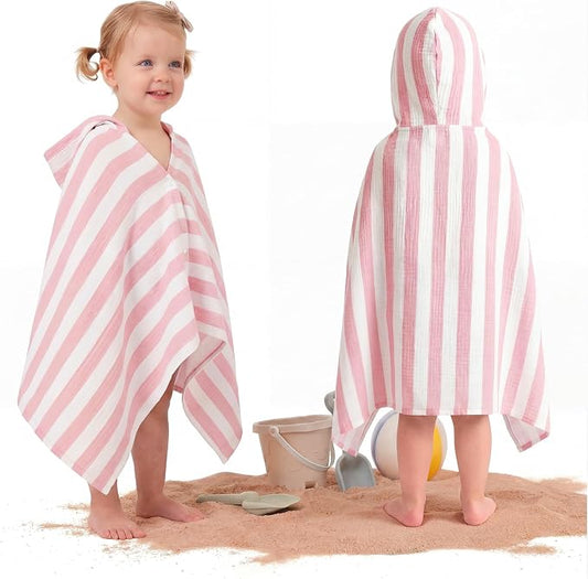 Mindsoft Muslin Hooded Beach Towel for Kids 1-3 Years 30" x 50" Toddler Beach Towel Poncho Soft Fast Drying Absorbent Blankets for Baby Shower Pool Bath Travel Swimming Essentials(Pink)