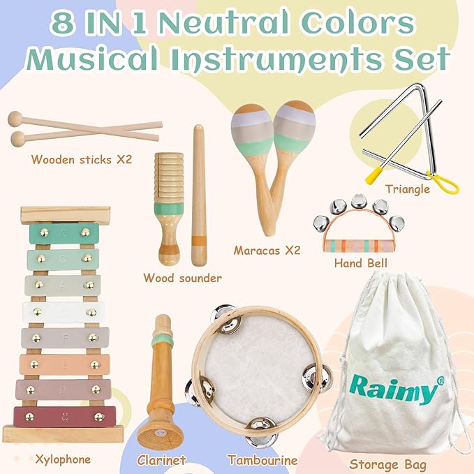 Raimy Kids Musical Instruments Set - Neutral Colors Wooden Montessori Toys Percussion Music Modern Boho Xylophone Birthday Gifts for 1 2 3 Year Old Baby Toddlers Boys Girls 3+ with Storage Bag