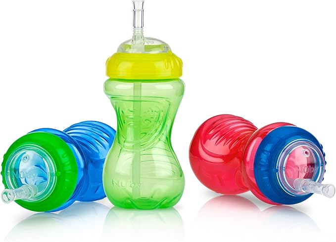 Nuby No-Spill Sippy Cup with Flex Straw for Boys - (3-Pack) 10-Ounce Bottles - Training Sippy Cups for Toddlers 12+ Months