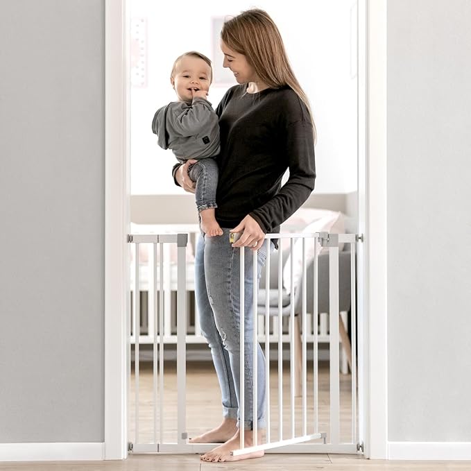 hauck Open N Stop KD Pressure Fit Baby & Pet Safety Gate w/ 8" Extension, Accommodates 37.8" to 39.8" Wide Home Doorway, Stairway, or Hallway, White