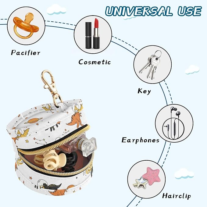 Space Dinosaur White Pacifier Holder Case Newborn Pacifier Storage Pouch for Boys Girls Easy Attach to Diaper Bag Portable Baby Essentials Container