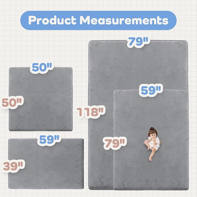 1.5" Super Thick Baby Play Mat for Floor, 79x118 Pro Soft Flannel Foam Mats for Toddler Infant Kids Crawling for Nursery Rug Playroom Living Room Waterproof Easy Care Non-Slip (Dark Grey)