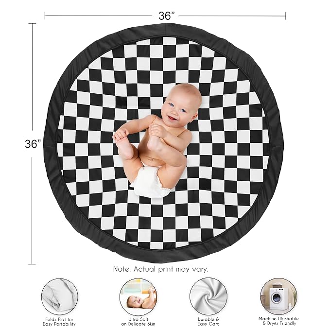 Sweet Jojo Designs Baby Play Mat (Black and White Gingham Checkered Plaid) for Boys or Girls, Infant, Toddler Tummy Time Activity Floor Playmat (Vintage, Classic, Checkerboard, Racing Flag, Geometric)