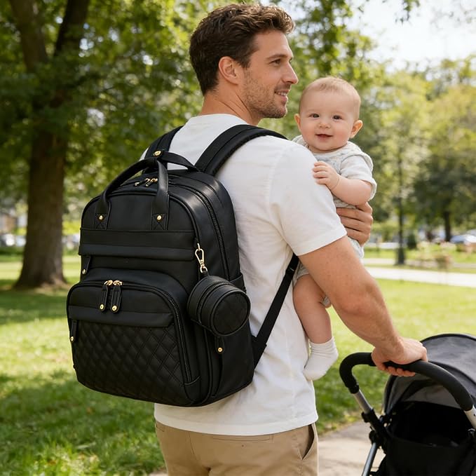 Leather Diaper Bags with Changing Station，Baby Bag，Large Capacity Diaper Bag Backpack for Moms Dads,Waterproof Diaper Backpack（Black）