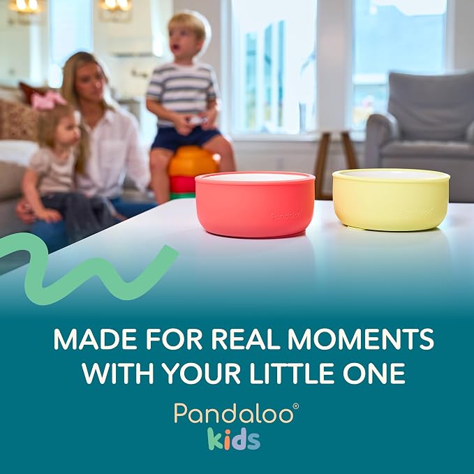 Pandaloo® Porcelain Kids Bowls 4-Pack with Removable Suction Base & Silicone Lid, Non-Toxic Toddler Feeding Bowls, Microwave & Dishwasher Safe, Ceramic Baby Bowls for Babies & Toddlers