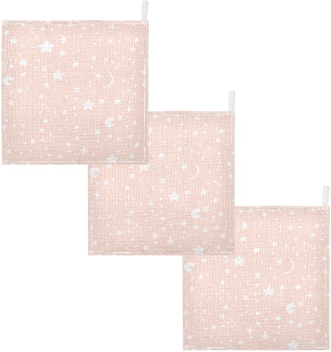 vvfelixl Moon Star Baby Burp Cloths, Baby Muslin Washcloths for Boys Girls, Cotton Baby Face Towel for Newborn Infants Soft and Absorbent 11.8 X 11.8 in, 5 Pack Pink