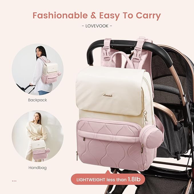 LOVEVOOK Diaper Bag Backpack, Baby Travel Bags for Boys & Girl, Toddler Waterproof Diaper Bag w/Changing Pad (Pink, 15.6''-Small)