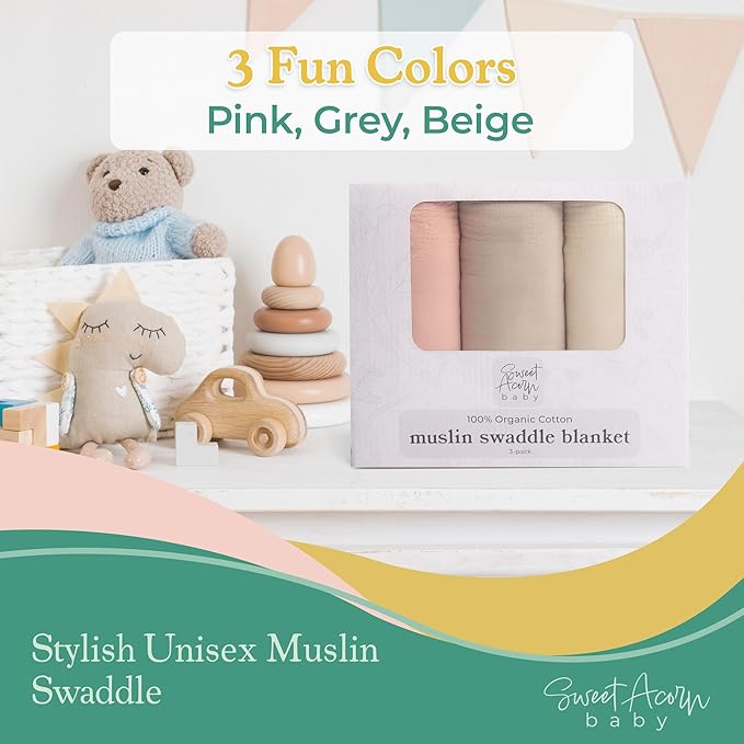 Muslin Swaddle Blanket ??Soft Cotton Muslin Baby Blanket for Newborns, Infants, and Toddlers, All-Season Comfort Baby Essential - Pink, Grey and Beige