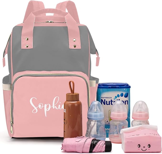 Custom Diaper Bag with Name Personalized Multifunctional Mommy Backpack for Daughter Granddaughter, Pink Daypack Bag for Travel