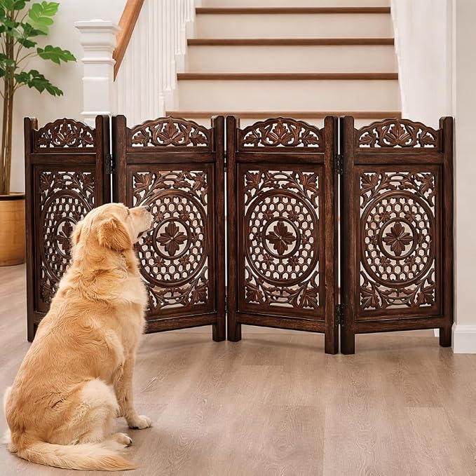 Pet Gate Indoor Foldable in Raise Wood-4 Panel Dog Safety Gate, 56" W x 28" H, Hand-Carved Solid Wood & MDF,Free Standing Portable Indoor Gate for Doorways,Halls, Stairs-Fully Assembled,Burnt