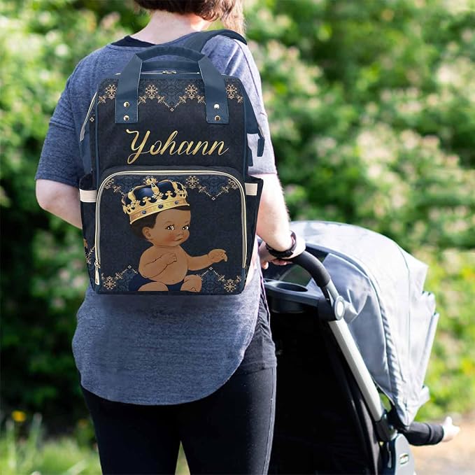M YESCUSTOM Personalized Baby Diaper Bags for Women Men, Custom Blue Black Prince Backpack Customized Nappy Mommy Bag Backpack for Son Daughter Travel, Camping, Hiking Picnic