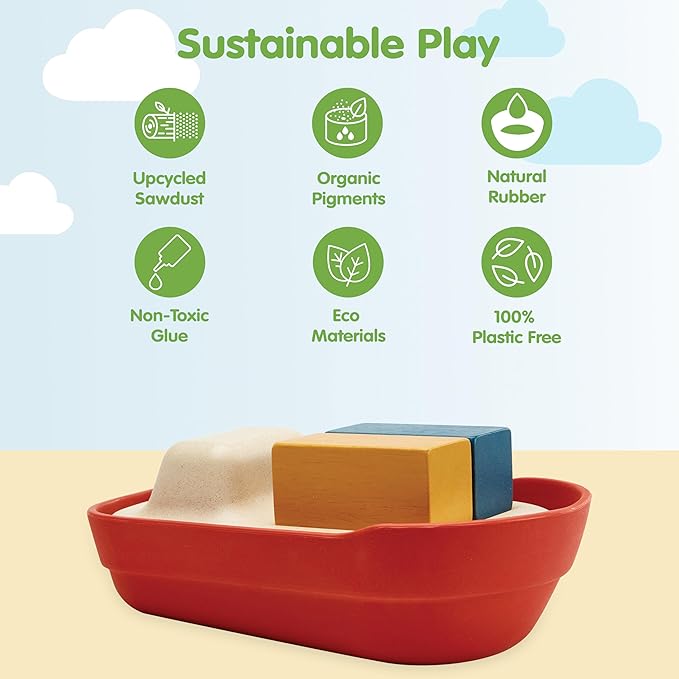 PlanToys® Cargo Ship Bath Toy for Toddlers | Floating Boat with Cargo Blocks for Water Play | Montessori Educational Toy | Eco-Friendly Bathtub Toys for Kids