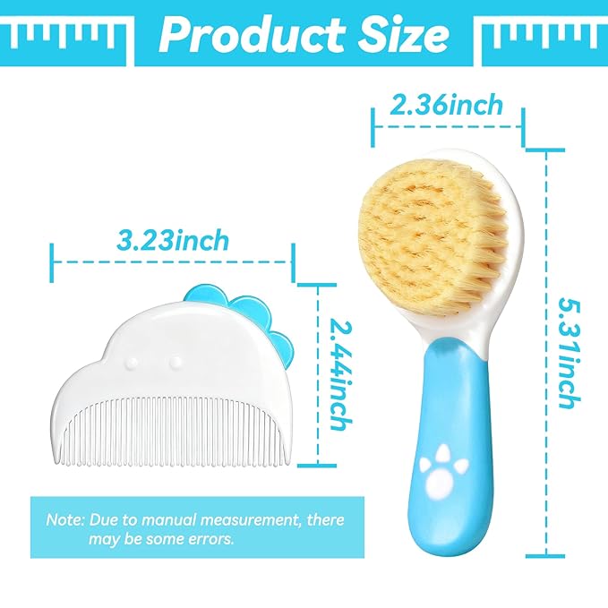 Baby Hair Brush and Comb Set, Soft Bristles Cradle Cap Brush for Newborns, Toddlers, Baby Registry Gift (Blue)