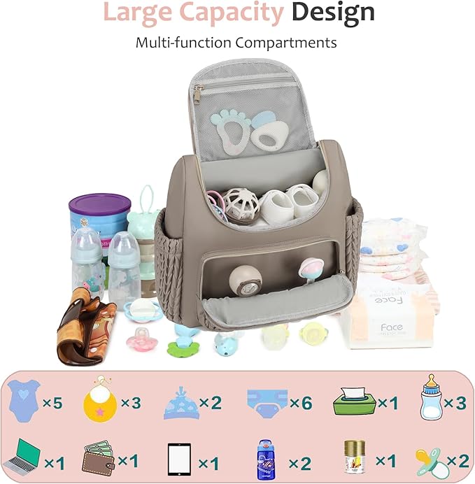 LORADI Diaper Bag Backpack, Baby Shower Gifts, Khaki | Stroller Clips, Insulated Pockets, Water-resistant, Easy to Clean, Durable