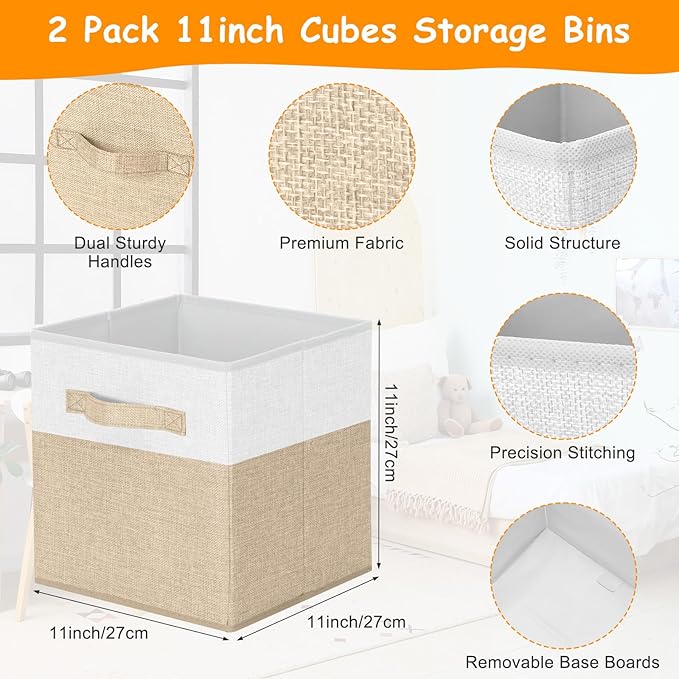 3 Pack Large Storage Bins Set 23" Toy Chest Storage with Lids and 11" Cubes Organizer Bins for Kids Bedroom Closet Shelf Organizer for Clothes Blankets Nursery Playroom(Beige White)