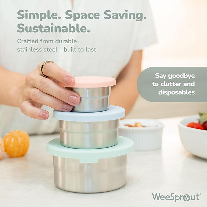 Stainless Steel Food Storage Containers - 3 Pack - 3 Oz, 6.1 Oz, 12.85 Oz with Leakproof Silicone Lids, BPA-Free, Dishwasher & Freezer Safe, Nesting & Stackable for Meal Prep, Lunch Boxes & Snacks