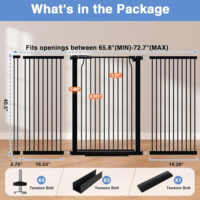65.7"-72.2" Extra Wide Baby Gate, 40.5" Tall Dog Gate Indoor,Walk Through Pet Gates for Doorways Kitchen No Drilling Auto Close Pressure Mounted Safety Child Toddler Gate, Black
