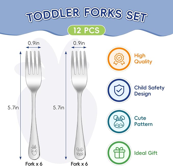 12 Pieces Stainless Steel Toddler Forks Set Kids Forks - Food Grade Kids Silverware Set Children Safe Small Forks Mirror Polished Sturdy and Durable Dishwasher Safe