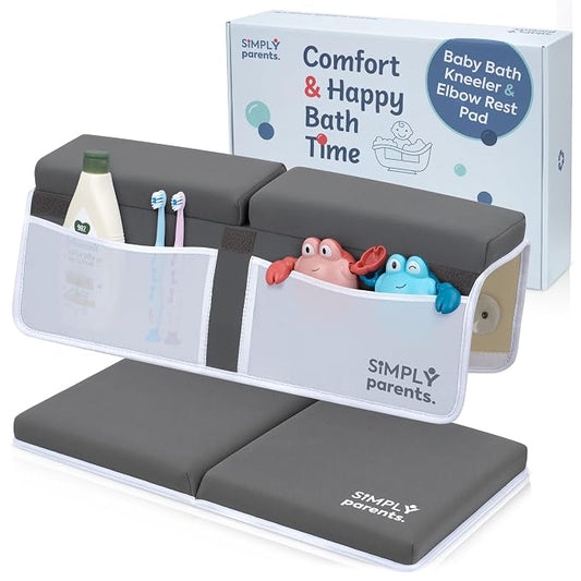 Baby Bath Kneeler and Elbow Rest Pad Set - Quick-Dry, Non-Slip Kneeling Pad for Bathing Toddler, Toy Organizer Pockets, Gift Box, Accessories for Tub, Gray